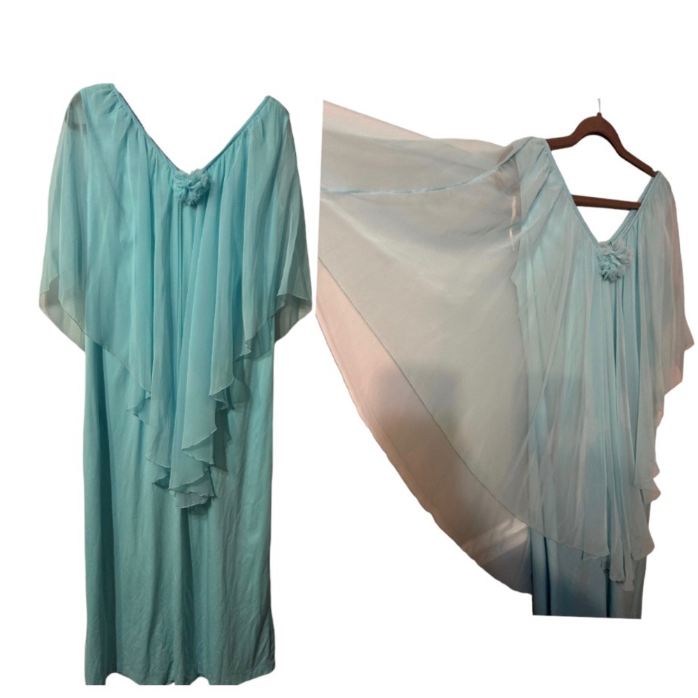 Vintage 60s-70s Evening Maxi Dress SHEER CHIFFON Cape Aqua Blue Boho Grandmacore